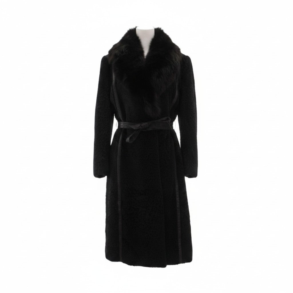ARIANNA BABY LAMB FUR COAT FOX FUR COLLAR BELTED LONG JACKET SIZE 11 L FROM JAPAN