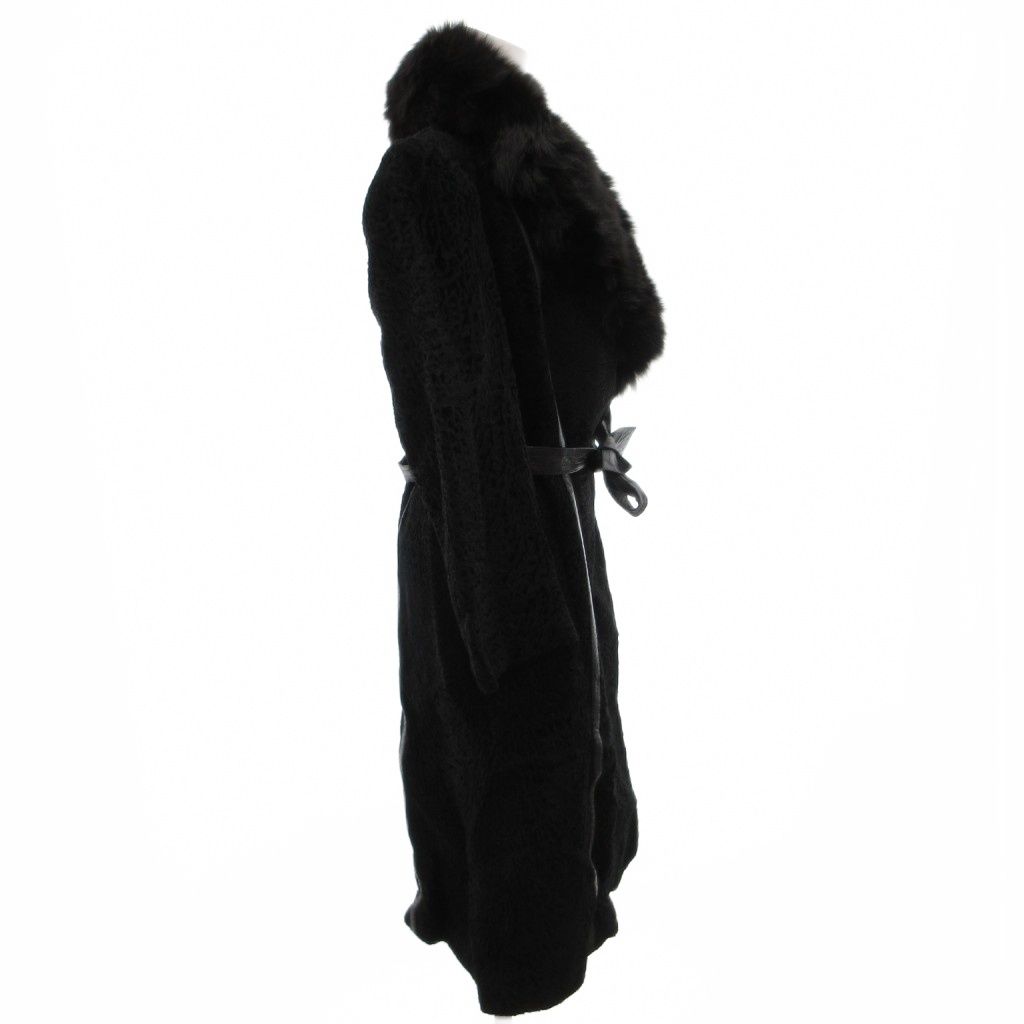 ARIANNA BABY LAMB FUR COAT FOX FUR COLLAR BELTED LONG JACKET SIZE 11 L FROM JAPAN