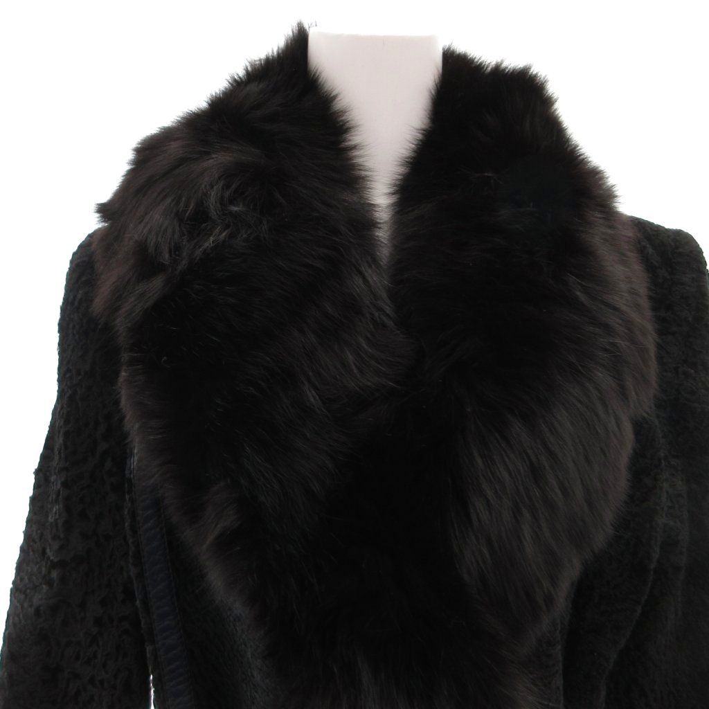 ARIANNA BABY LAMB FUR COAT FOX FUR COLLAR BELTED LONG JACKET SIZE 11 L FROM JAPAN