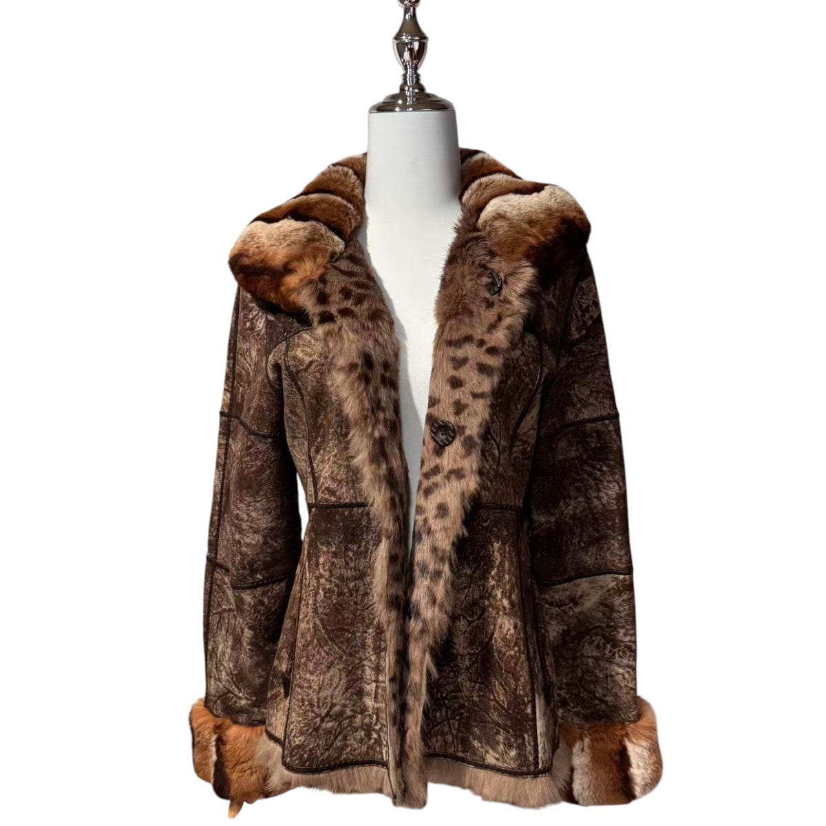 REAL SHEEPSKIN SHEARLING LEATHER COAT JACKET REX RABBIT FUR COLLAR LEOPARD PRINT SHORT WARM FROM JAPAN