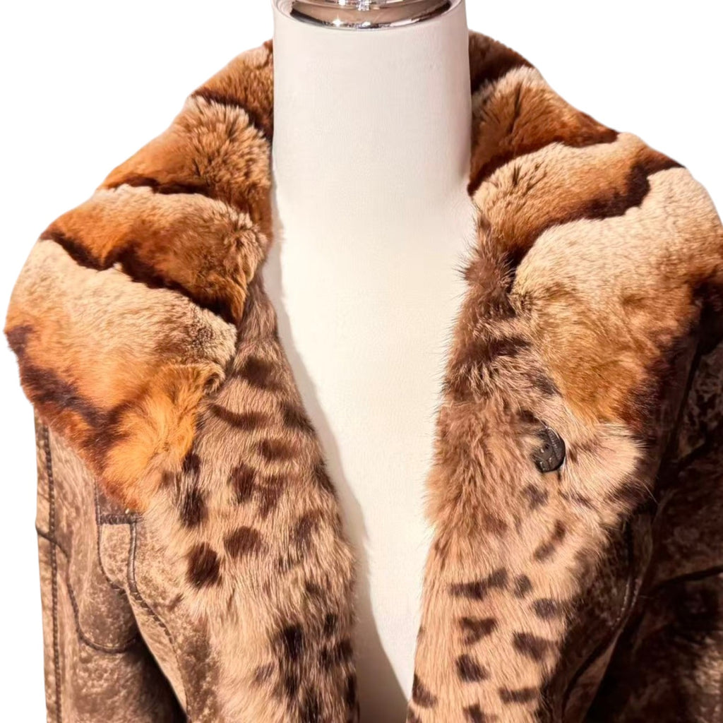 REAL SHEEPSKIN SHEARLING LEATHER COAT JACKET REX RABBIT FUR COLLAR LEOPARD PRINT SHORT WARM FROM JAPAN