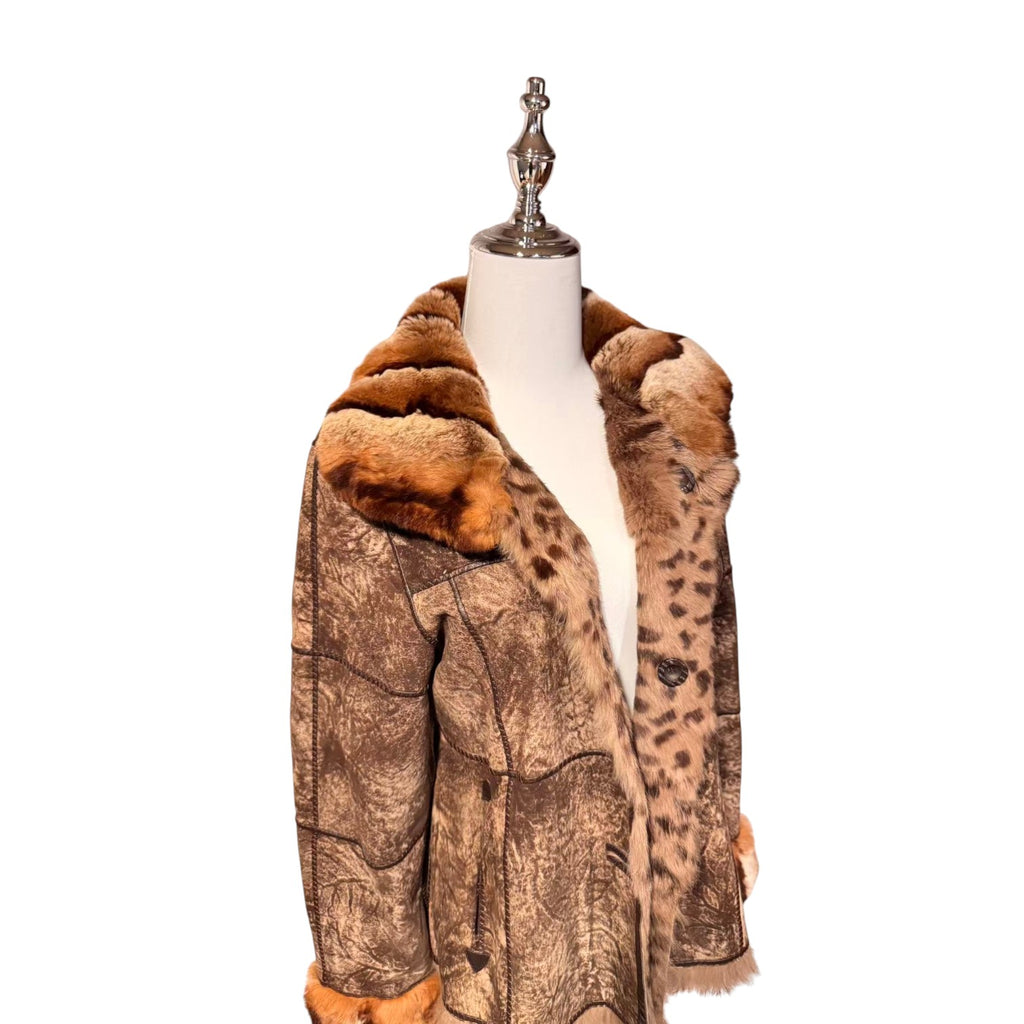 REAL SHEEPSKIN SHEARLING LEATHER COAT JACKET REX RABBIT FUR COLLAR LEOPARD PRINT SHORT WARM FROM JAPAN