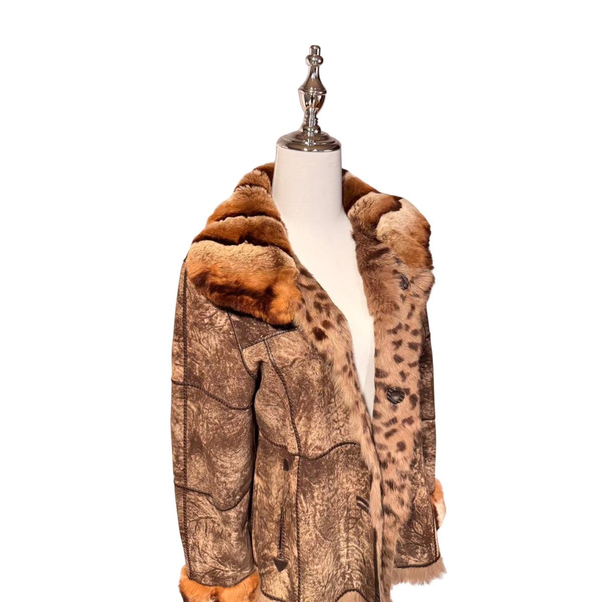 REAL SHEEPSKIN SHEARLING LEATHER COAT JACKET REX RABBIT FUR COLLAR LEOPARD PRINT SHORT WARM FROM JAPAN