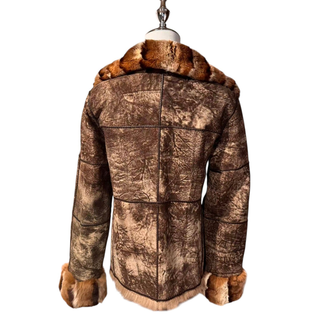 REAL SHEEPSKIN SHEARLING LEATHER COAT JACKET REX RABBIT FUR COLLAR LEOPARD PRINT SHORT WARM FROM JAPAN