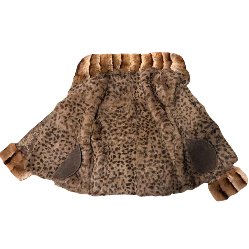 REAL SHEEPSKIN SHEARLING LEATHER COAT JACKET REX RABBIT FUR COLLAR LEOPARD PRINT SHORT WARM FROM JAPAN