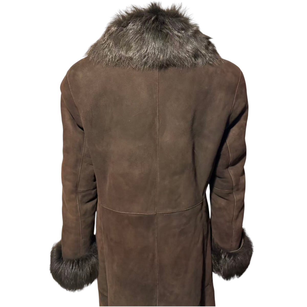 REAL SHEEPSKIN SHEARLING LEATHER COAT JACKET LONG BROWN BIG FOX FUR COLLAR WARM FROM JAPAN