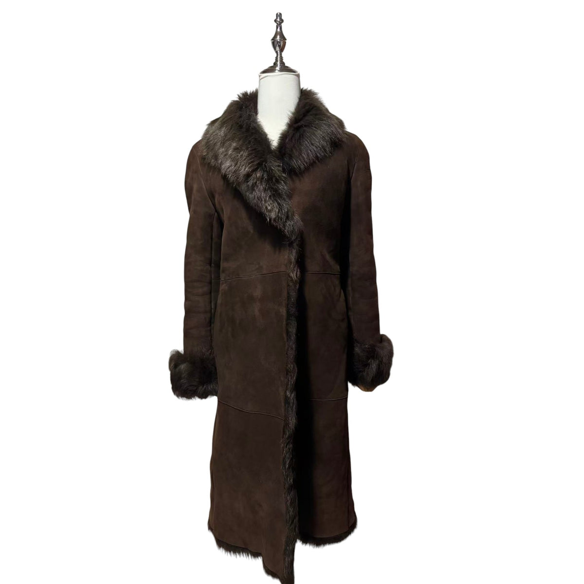 REAL SHEEPSKIN SHEARLING LEATHER COAT JACKET LONG BROWN BIG FOX FUR COLLAR WARM FROM JAPAN