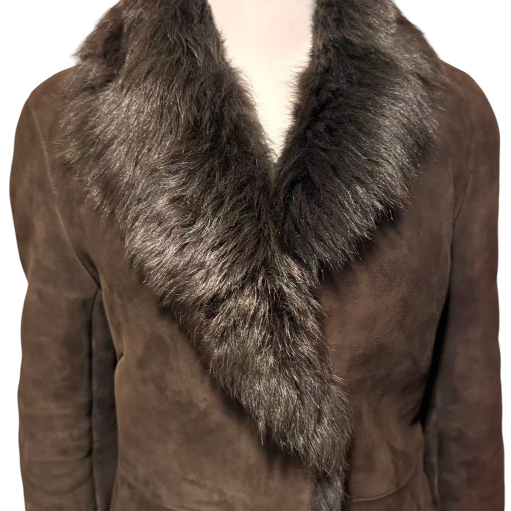 REAL SHEEPSKIN SHEARLING LEATHER COAT JACKET LONG BROWN BIG FOX FUR COLLAR WARM FROM JAPAN
