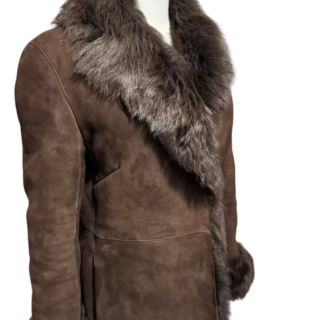 REAL SHEEPSKIN SHEARLING LEATHER COAT JACKET LONG BROWN BIG FOX FUR COLLAR WARM FROM JAPAN