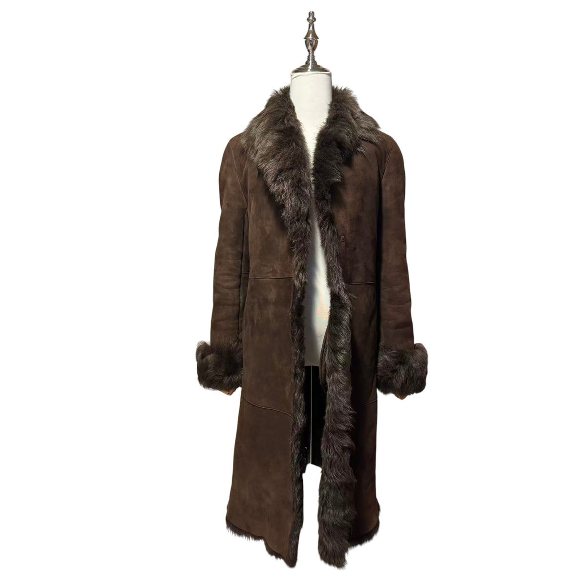 REAL SHEEPSKIN SHEARLING LEATHER COAT JACKET LONG BROWN BIG FOX FUR COLLAR WARM FROM JAPAN