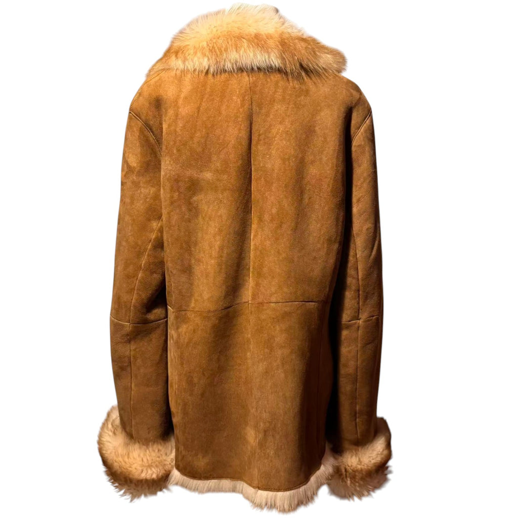 DOLCE VITA REAL SHEEPSKIN SHEARLING LEATHER COAT JACKET BIG FUR COLLAR MID-LENGTH BROWN SIZE L FROM JAPAN