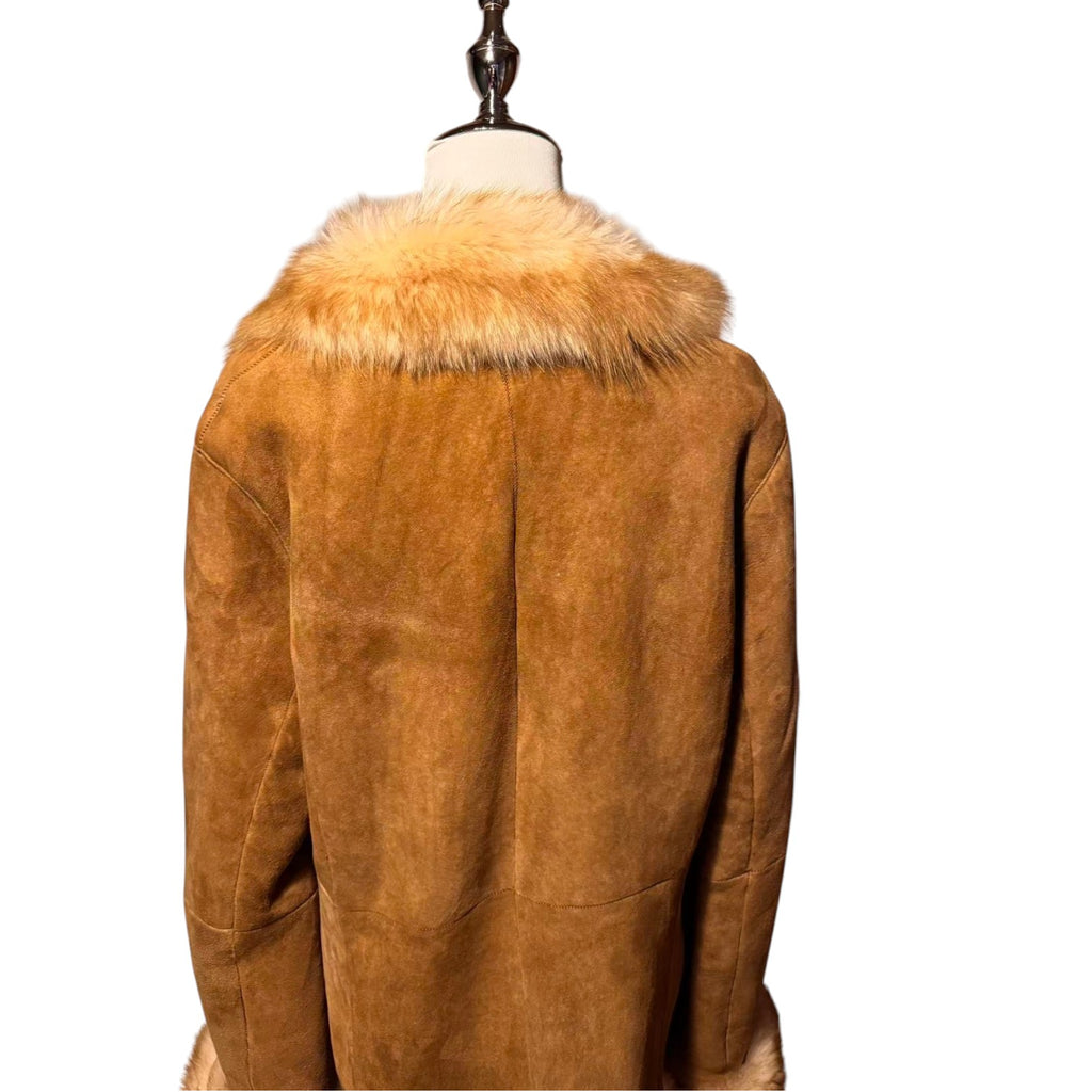 DOLCE VITA REAL SHEEPSKIN SHEARLING LEATHER COAT JACKET BIG FUR COLLAR MID-LENGTH BROWN SIZE L FROM JAPAN