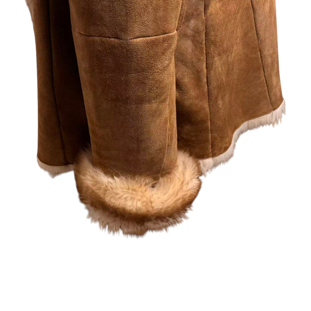 DOLCE VITA REAL SHEEPSKIN SHEARLING LEATHER COAT JACKET BIG FUR COLLAR MID-LENGTH BROWN SIZE L FROM JAPAN