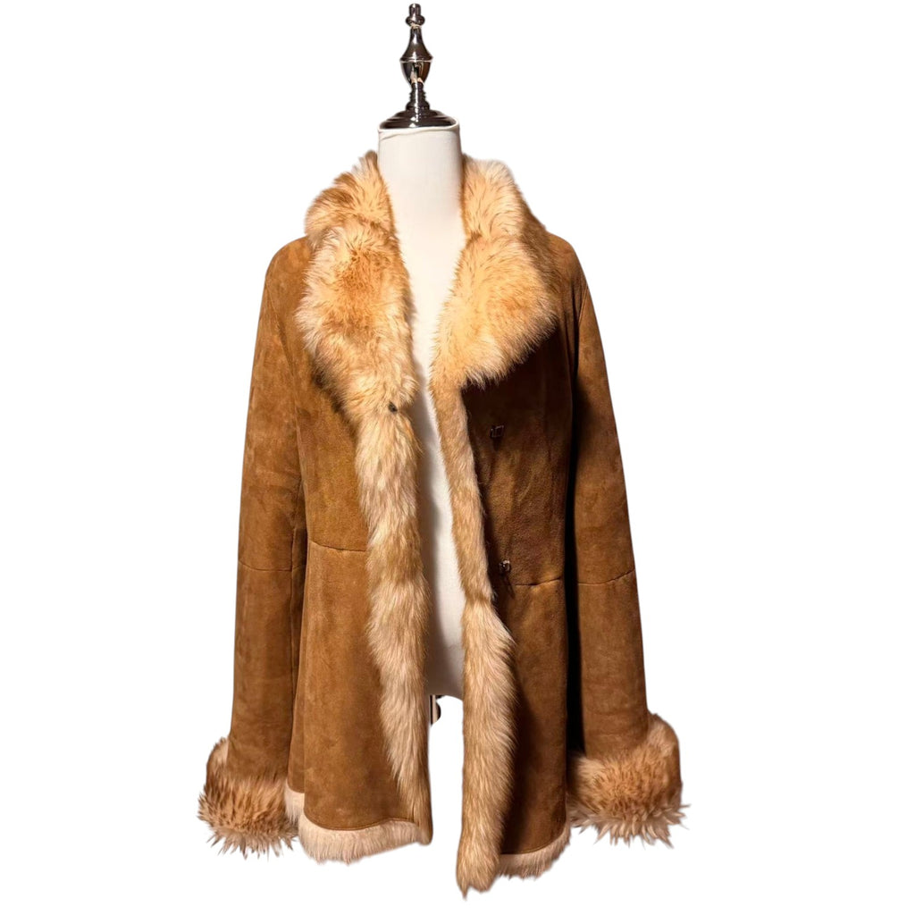 DOLCE VITA REAL SHEEPSKIN SHEARLING LEATHER COAT JACKET BIG FUR COLLAR MID-LENGTH BROWN SIZE L FROM JAPAN