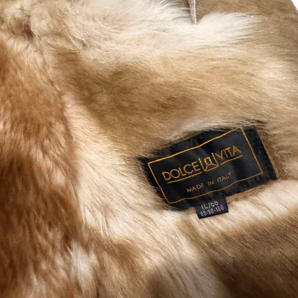 DOLCE VITA REAL SHEEPSKIN SHEARLING LEATHER COAT JACKET BIG FUR COLLAR MID-LENGTH BROWN SIZE L FROM JAPAN