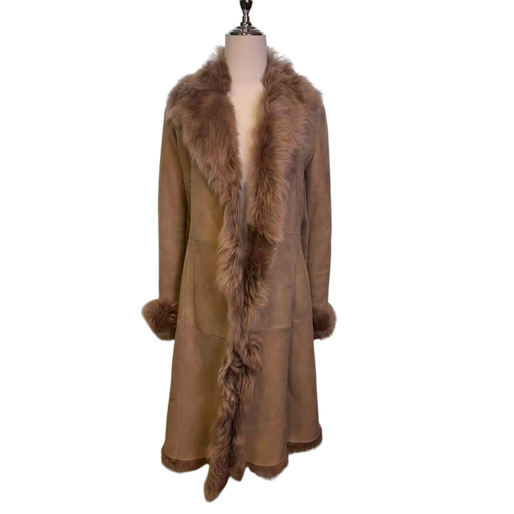 REAL SHEEPSKIN SHEARLING LEATHER COAT JACKET LONG BIG FUR COLLAR BEIGE WARM FROM JAPAN - image 2