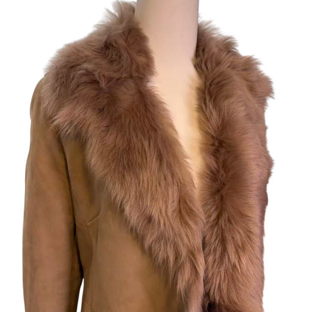 REAL SHEEPSKIN SHEARLING LEATHER COAT JACKET LONG BIG FUR COLLAR BEIGE WARM FROM JAPAN - image 4