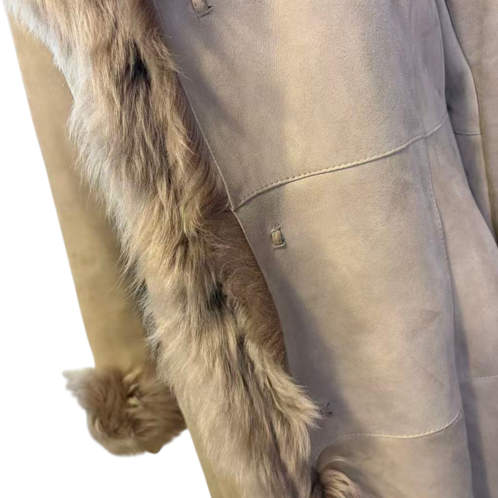 REAL SHEEPSKIN SHEARLING LEATHER COAT JACKET LONG BIG FUR COLLAR BEIGE WARM FROM JAPAN - image 6