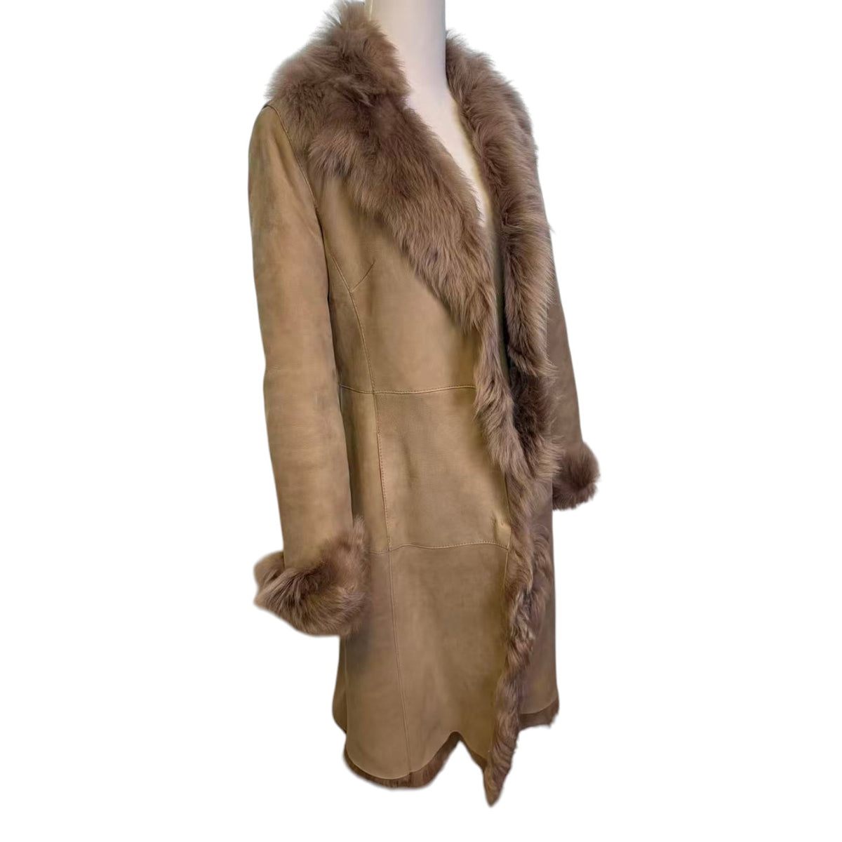 REAL SHEEPSKIN SHEARLING LEATHER COAT JACKET LONG BIG FUR COLLAR BEIGE WARM FROM JAPAN - image 7