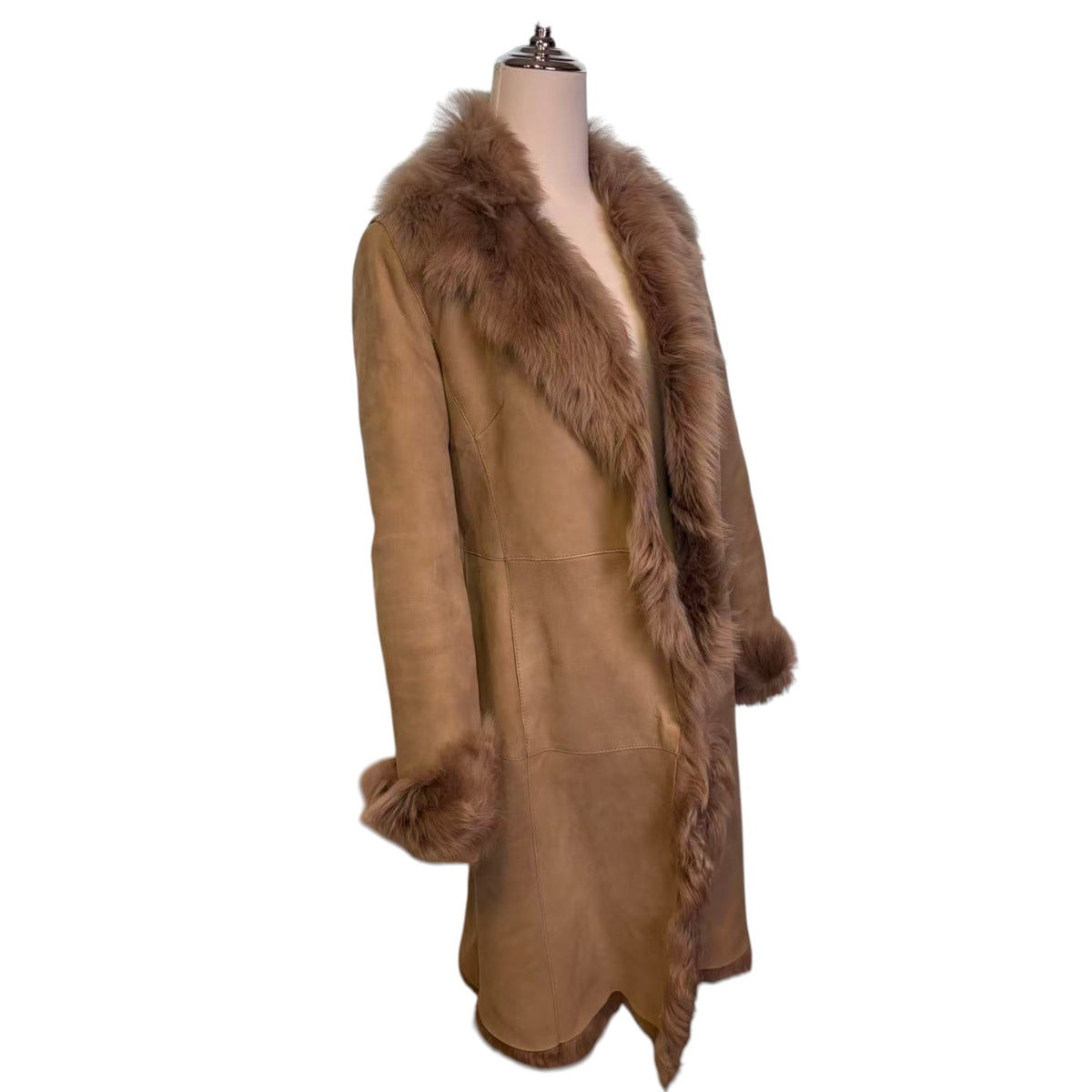REAL SHEEPSKIN SHEARLING LEATHER COAT JACKET LONG BIG FUR COLLAR BEIGE WARM FROM JAPAN - image 8
