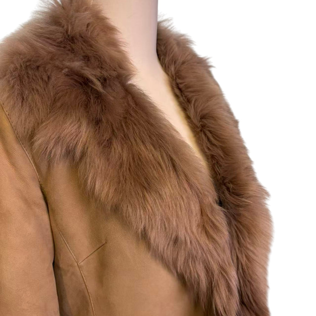 REAL SHEEPSKIN SHEARLING LEATHER COAT JACKET LONG BIG FUR COLLAR BEIGE WARM FROM JAPAN - image 9