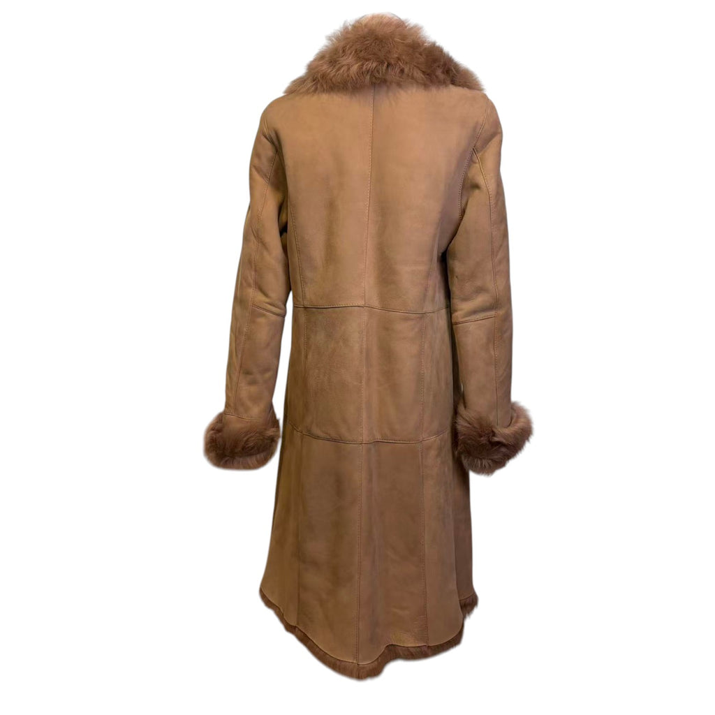 REAL SHEEPSKIN SHEARLING LEATHER COAT JACKET LONG BIG FUR COLLAR BEIGE WARM FROM JAPAN - image 10