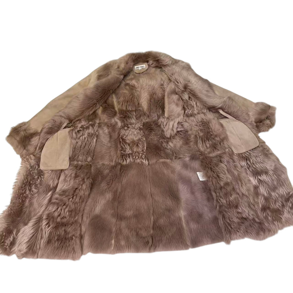 REAL SHEEPSKIN SHEARLING LEATHER COAT JACKET LONG BIG FUR COLLAR BEIGE WARM FROM JAPAN - image 11