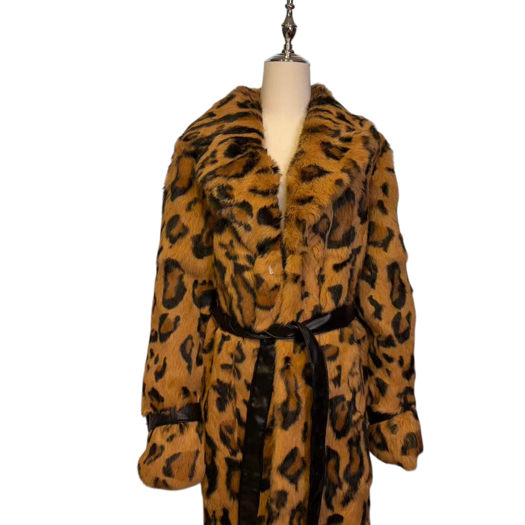REAL RABBIT FUR COAT JACKET MAXI LONG LEOPARD PRINT BELTED WARM SIZE XL FROM JAPAN