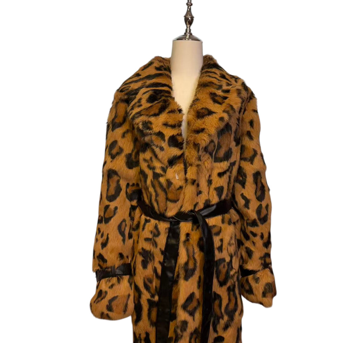 REAL RABBIT FUR COAT JACKET MAXI LONG LEOPARD PRINT BELTED WARM SIZE XL FROM JAPAN