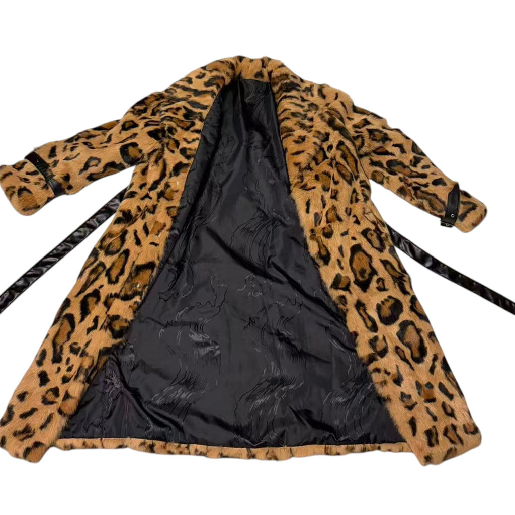 REAL RABBIT FUR COAT JACKET MAXI LONG LEOPARD PRINT BELTED WARM SIZE XL FROM JAPAN