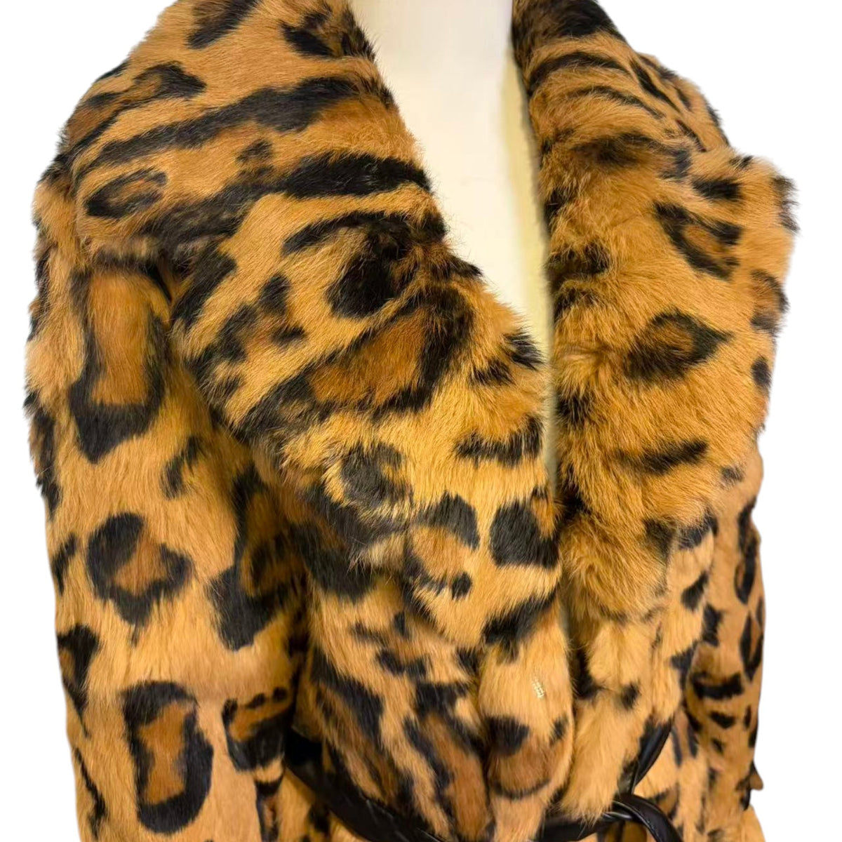 REAL RABBIT FUR COAT JACKET MAXI LONG LEOPARD PRINT BELTED WARM SIZE XL FROM JAPAN