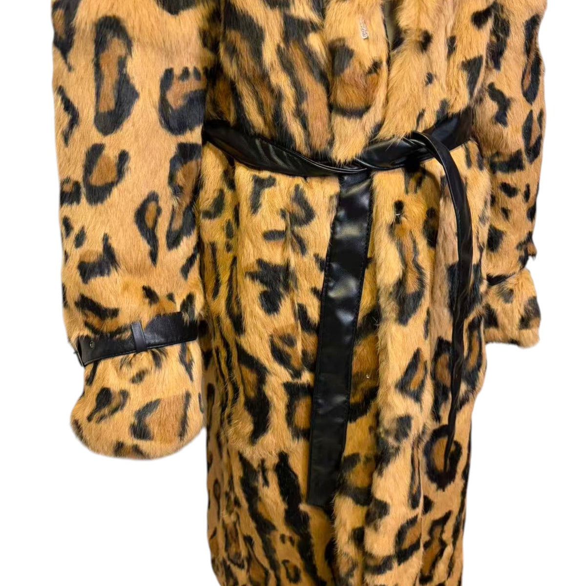 REAL RABBIT FUR COAT JACKET MAXI LONG LEOPARD PRINT BELTED WARM SIZE XL FROM JAPAN