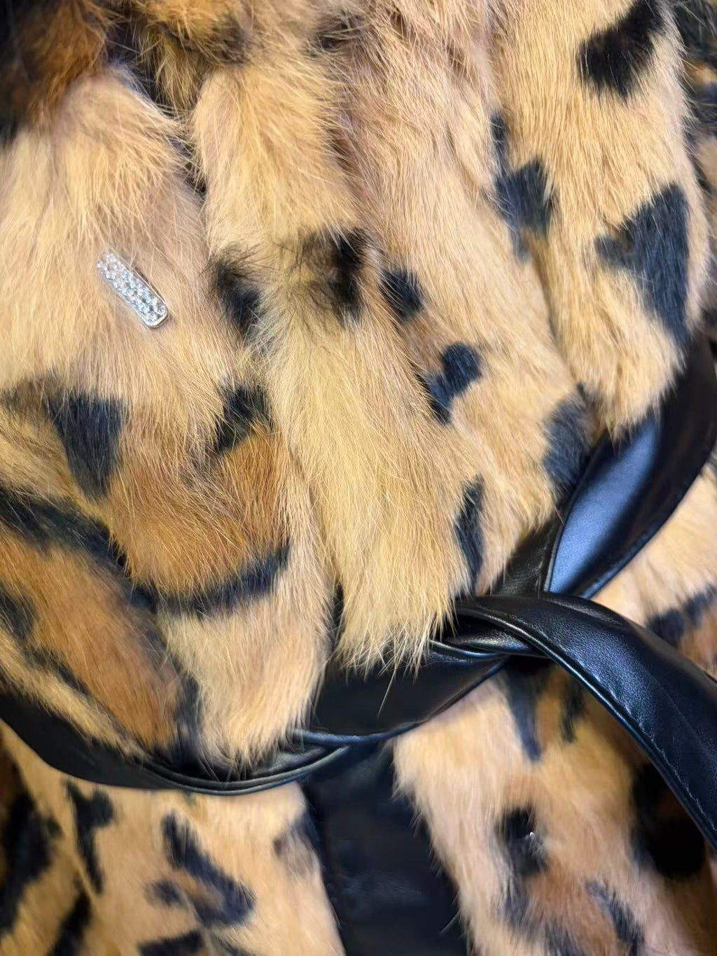 REAL RABBIT FUR COAT JACKET MAXI LONG LEOPARD PRINT BELTED WARM SIZE XL FROM JAPAN