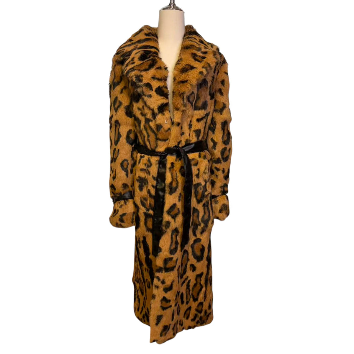 REAL RABBIT FUR COAT JACKET MAXI LONG LEOPARD PRINT BELTED WARM SIZE XL FROM JAPAN