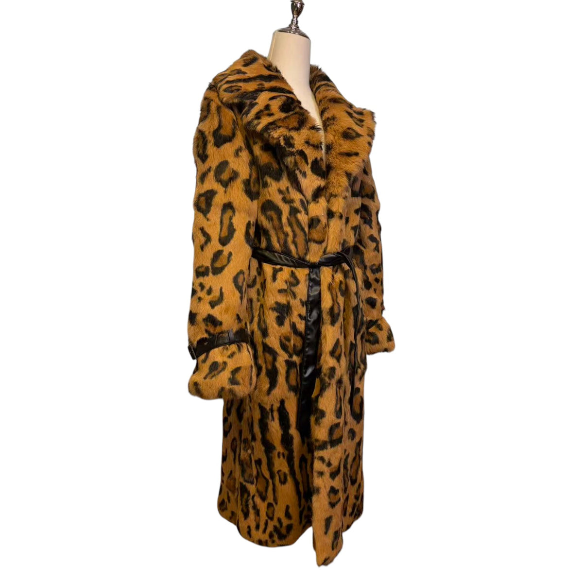 REAL RABBIT FUR COAT JACKET MAXI LONG LEOPARD PRINT BELTED WARM SIZE XL FROM JAPAN