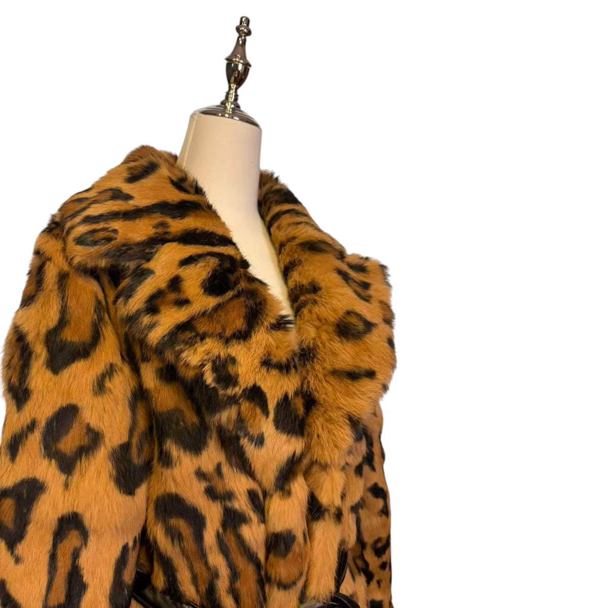 REAL RABBIT FUR COAT JACKET MAXI LONG LEOPARD PRINT BELTED WARM SIZE XL FROM JAPAN