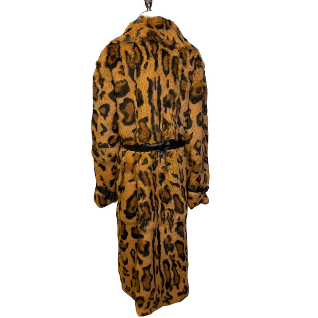 REAL RABBIT FUR COAT JACKET MAXI LONG LEOPARD PRINT BELTED WARM SIZE XL FROM JAPAN