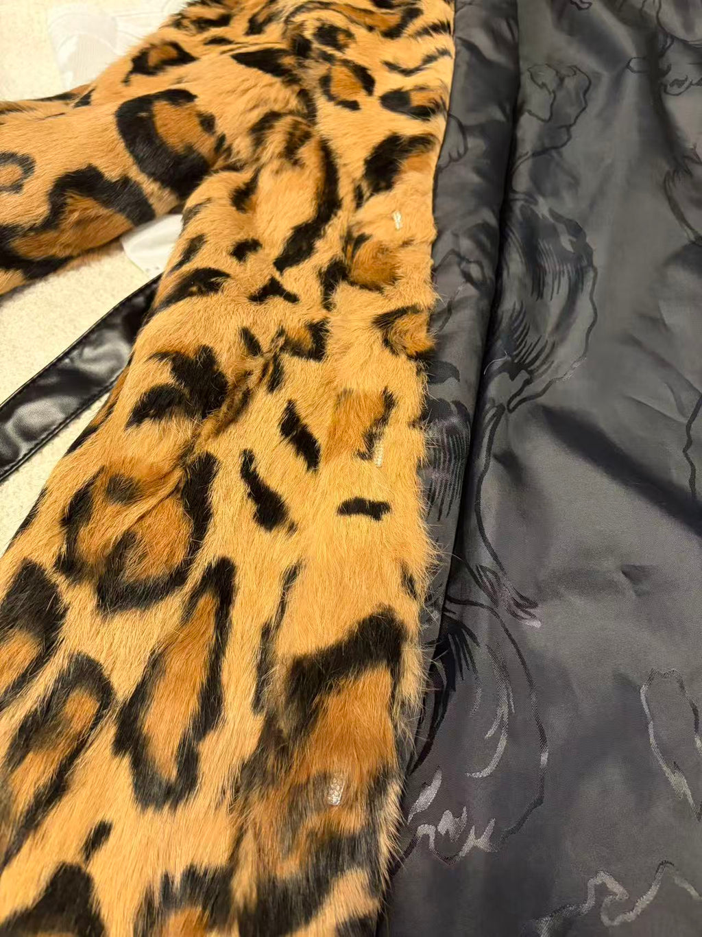 REAL RABBIT FUR COAT JACKET MAXI LONG LEOPARD PRINT BELTED WARM SIZE XL FROM JAPAN