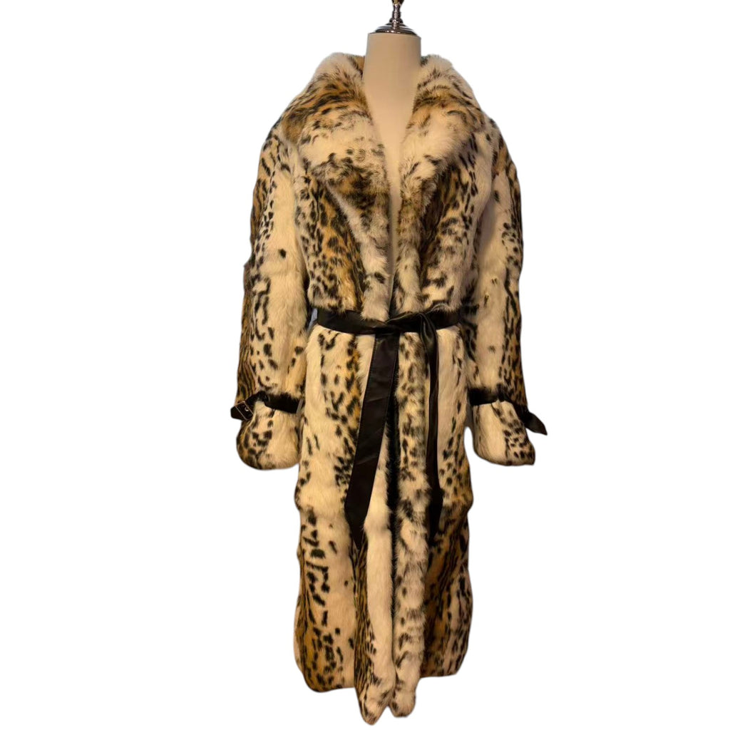 REAL RABBIT FUR COAT JACKET MAXI LONG SNOW LEOPARD PRINT BELTED WARM SIZE L FROM JAPAN
