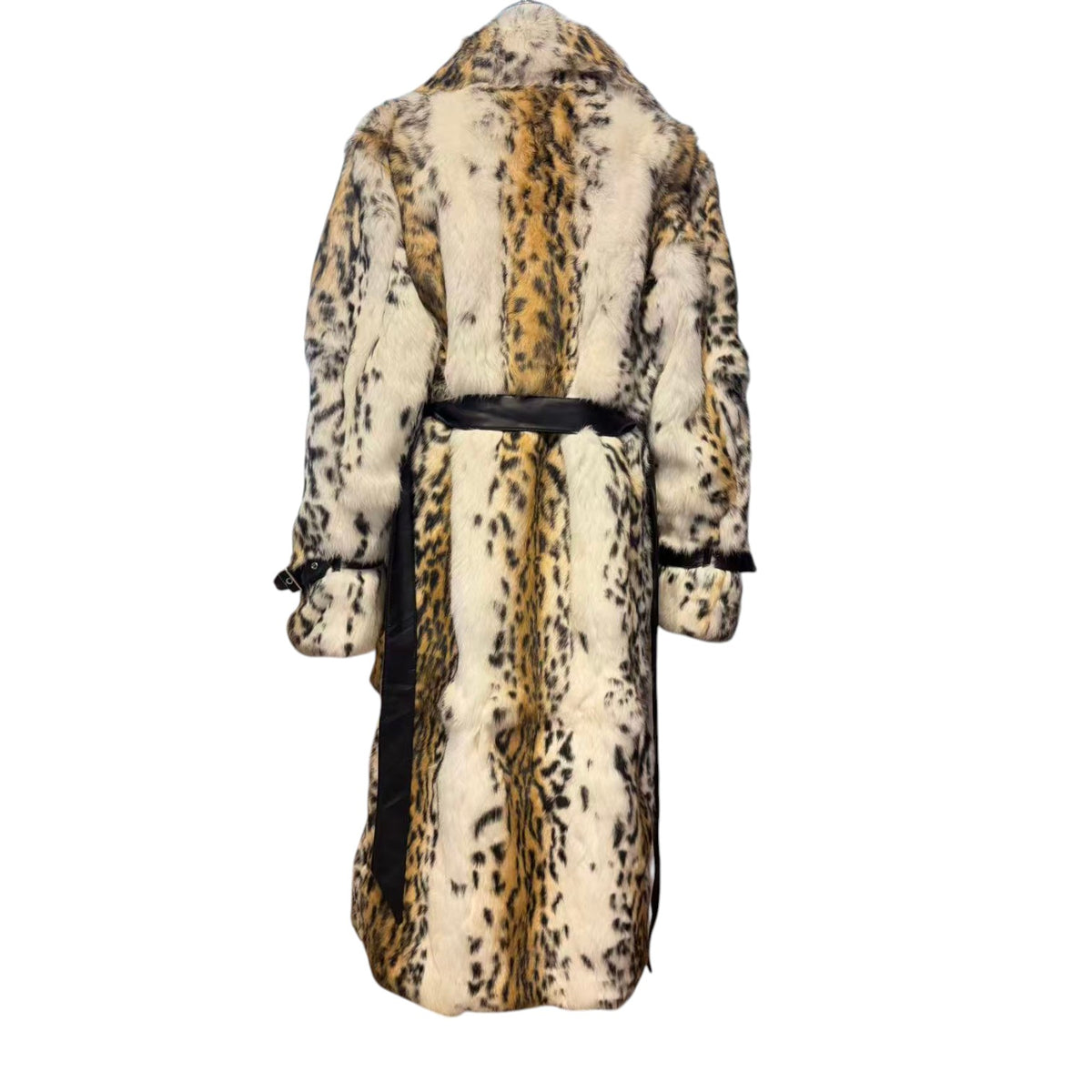 REAL RABBIT FUR COAT JACKET MAXI LONG SNOW LEOPARD PRINT BELTED WARM SIZE L FROM JAPAN