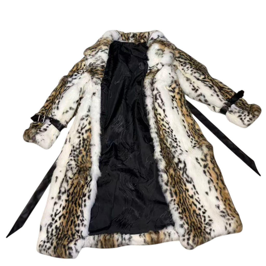 REAL RABBIT FUR COAT JACKET MAXI LONG SNOW LEOPARD PRINT BELTED WARM SIZE L FROM JAPAN