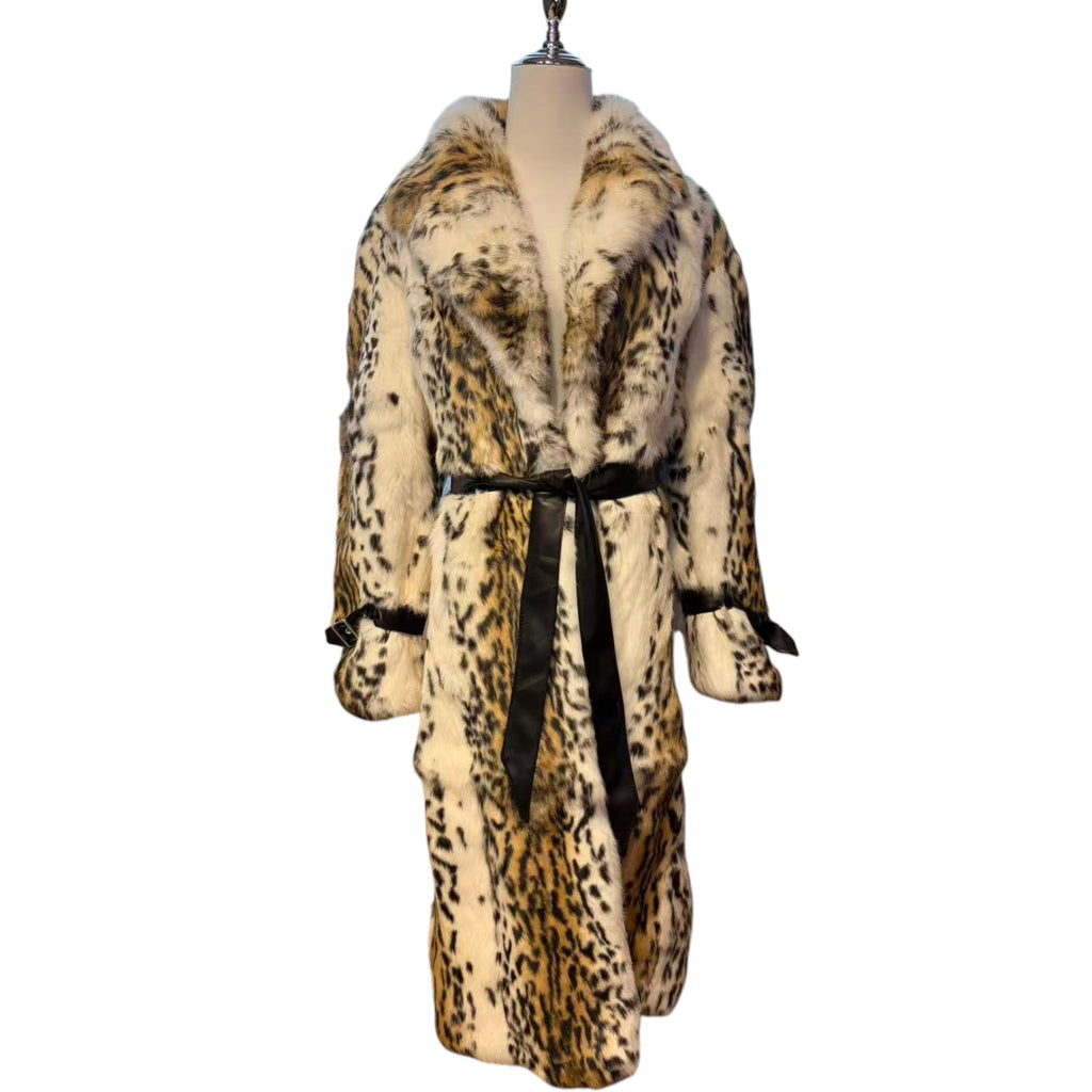 REAL RABBIT FUR COAT JACKET MAXI LONG SNOW LEOPARD PRINT BELTED WARM SIZE L FROM JAPAN