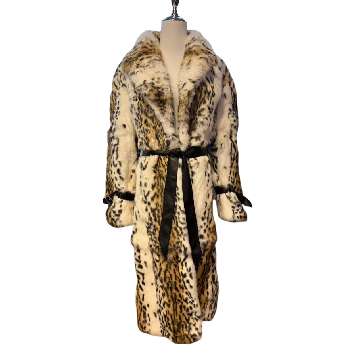 REAL RABBIT FUR COAT JACKET MAXI LONG SNOW LEOPARD PRINT BELTED WARM SIZE L FROM JAPAN