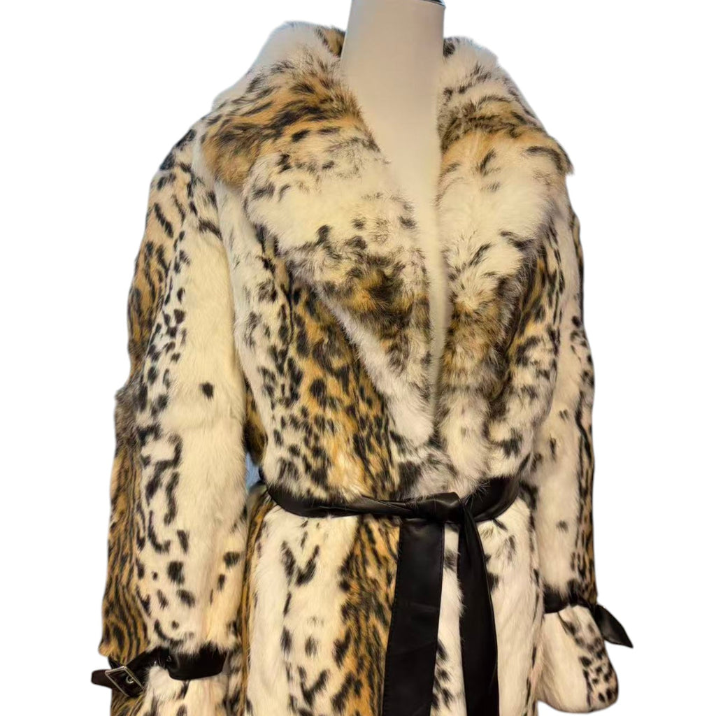 REAL RABBIT FUR COAT JACKET MAXI LONG SNOW LEOPARD PRINT BELTED WARM SIZE L FROM JAPAN