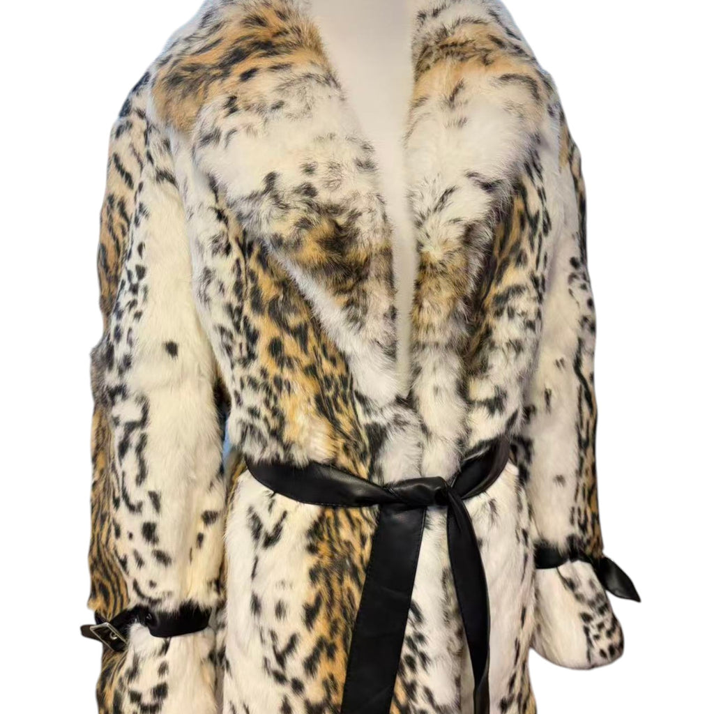 REAL RABBIT FUR COAT JACKET MAXI LONG SNOW LEOPARD PRINT BELTED WARM SIZE L FROM JAPAN