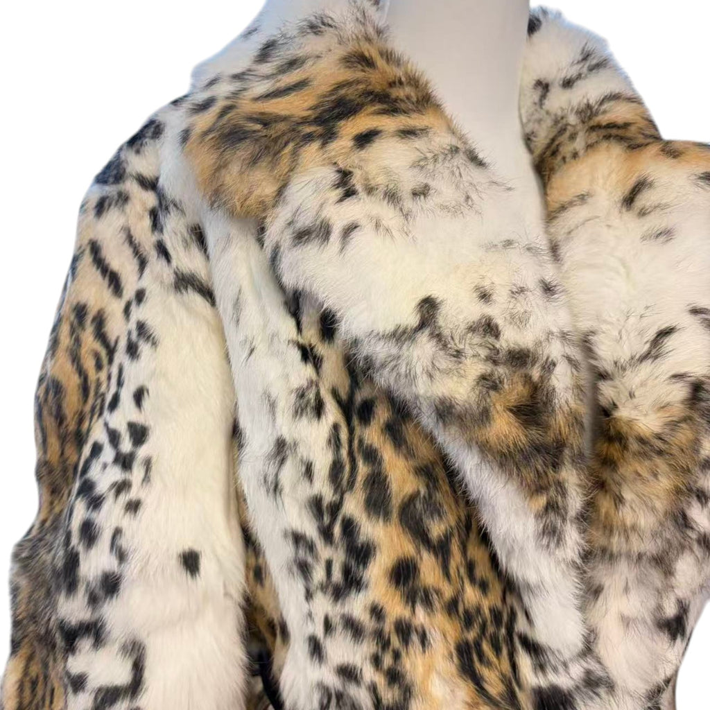 REAL RABBIT FUR COAT JACKET MAXI LONG SNOW LEOPARD PRINT BELTED WARM SIZE L FROM JAPAN