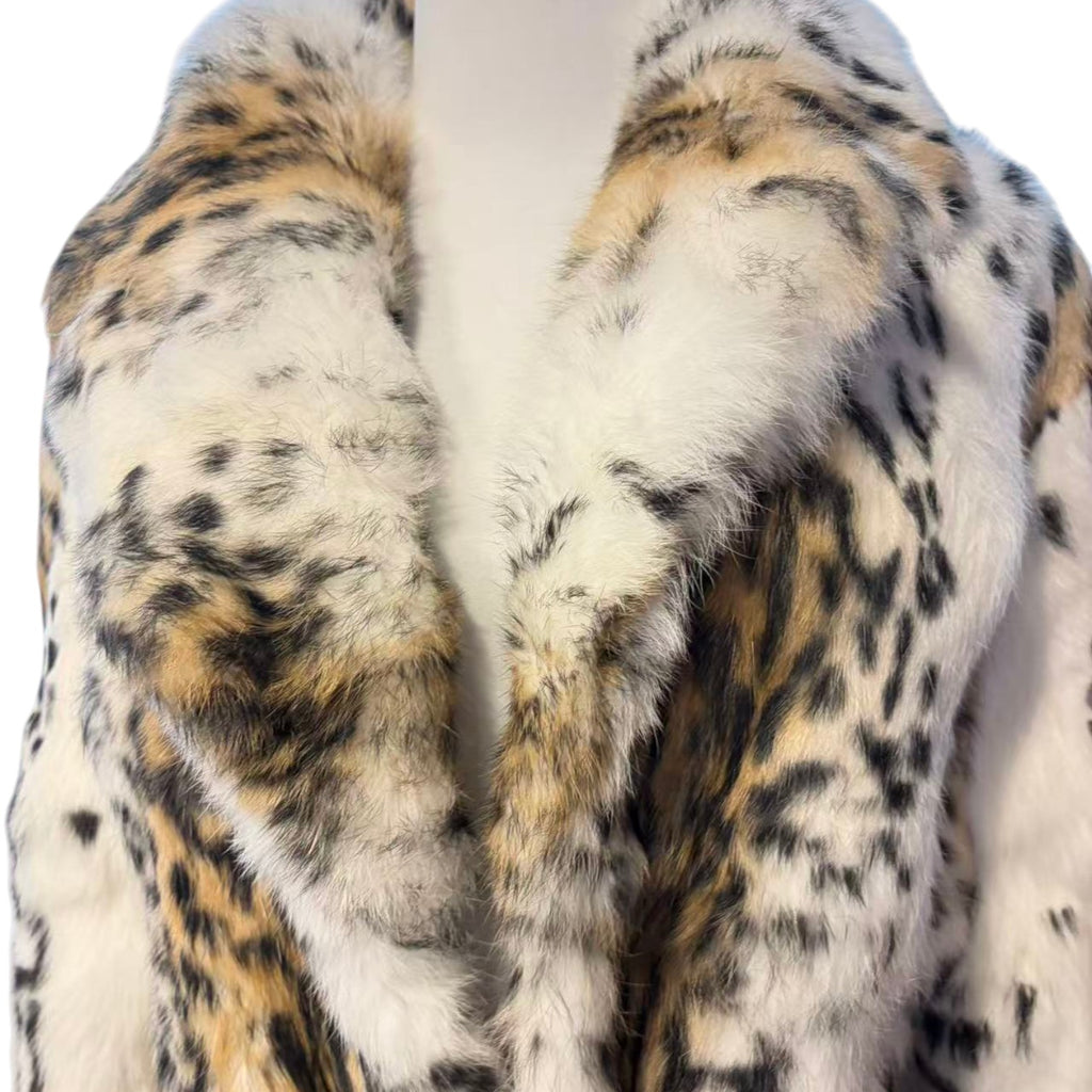 REAL RABBIT FUR COAT JACKET MAXI LONG SNOW LEOPARD PRINT BELTED WARM SIZE L FROM JAPAN