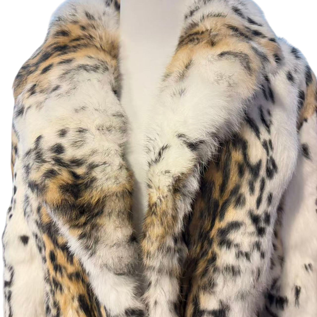 REAL RABBIT FUR COAT JACKET MAXI LONG SNOW LEOPARD PRINT BELTED WARM SIZE L FROM JAPAN