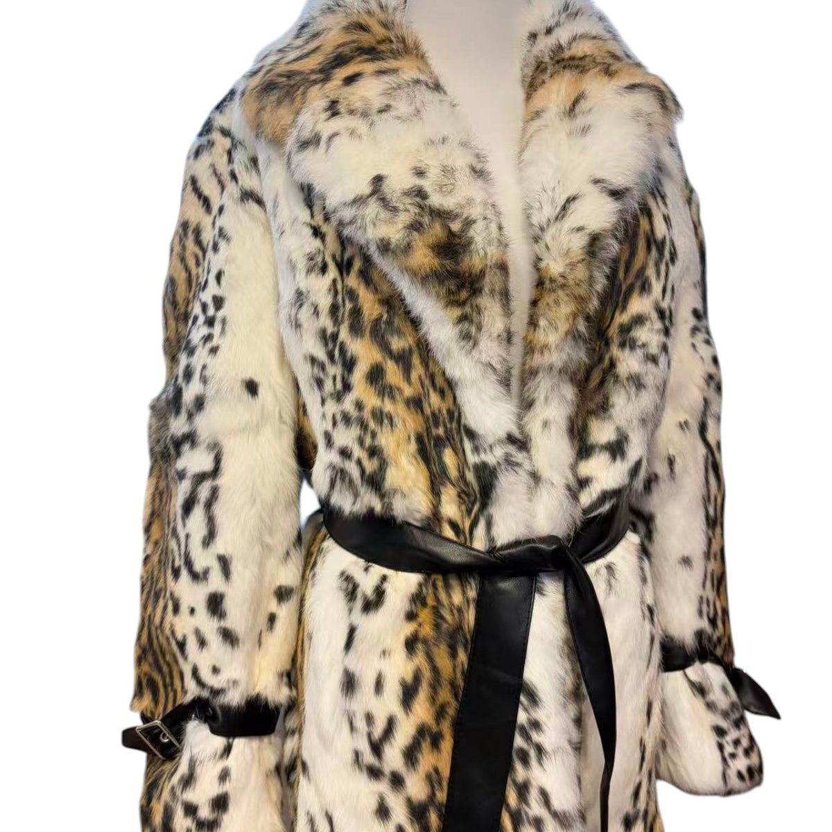 REAL RABBIT FUR COAT JACKET MAXI LONG SNOW LEOPARD PRINT BELTED WARM SIZE L FROM JAPAN