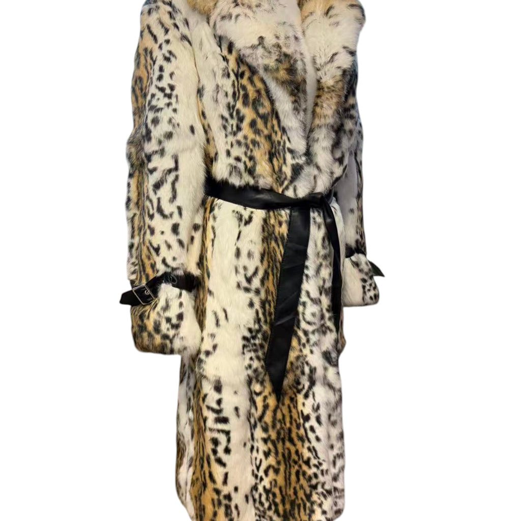 REAL RABBIT FUR COAT JACKET MAXI LONG SNOW LEOPARD PRINT BELTED WARM SIZE L FROM JAPAN